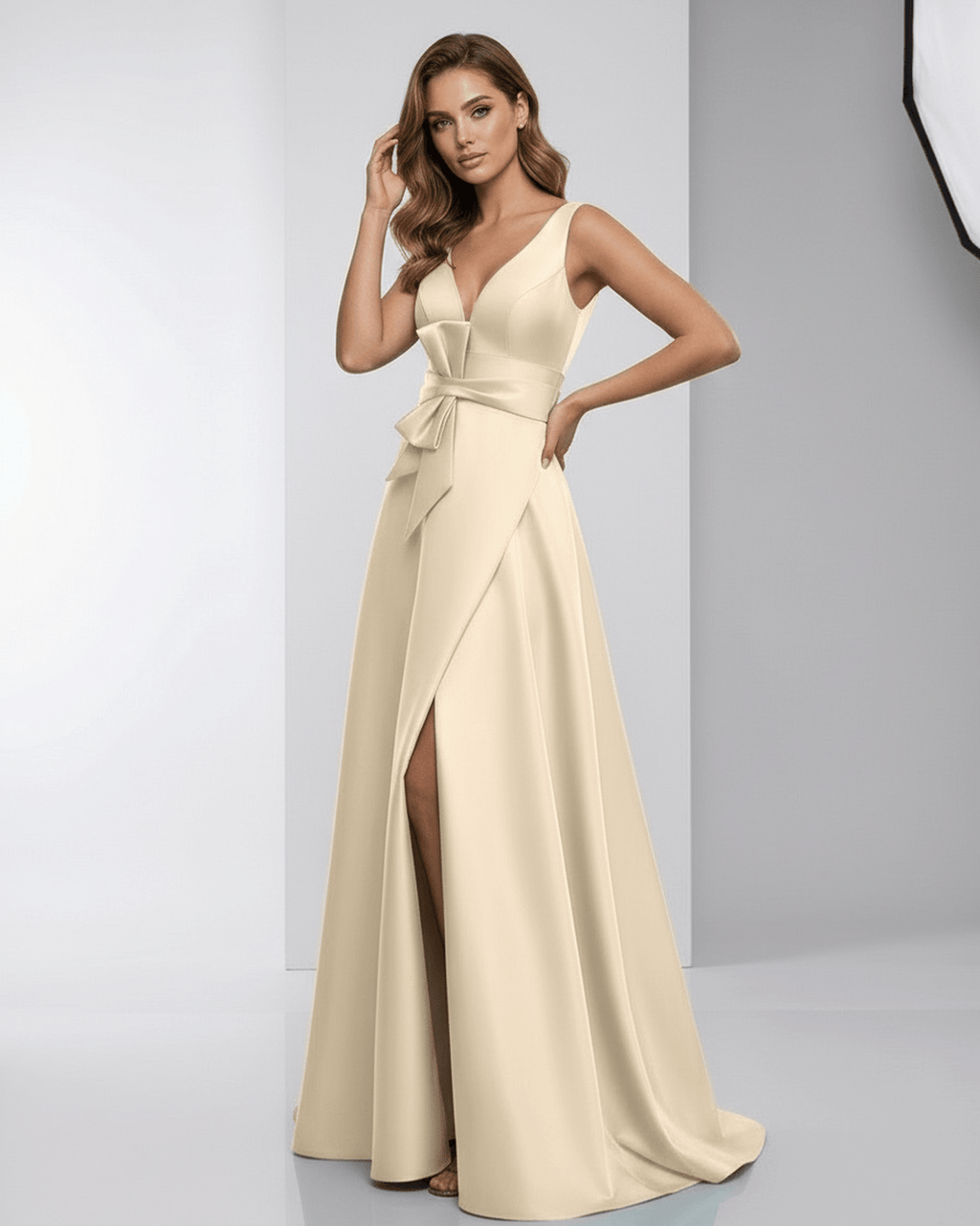 Calista Maxi Dress - Elegant cream satin A-line dress with deep V-neck and side slit by Lauven.