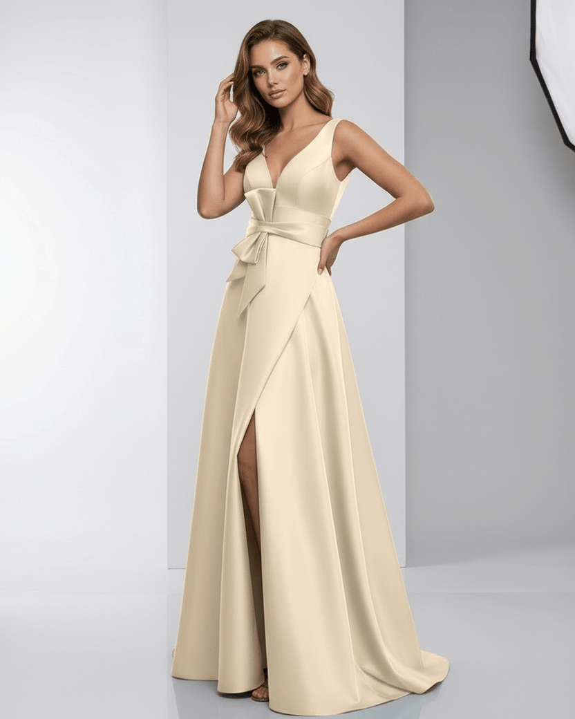 Calista Maxi Dress - Elegant cream satin A-line dress with deep V-neck and side slit by Lauven.