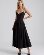 Aveline Midi Dress, V-neck midi dress, fitted bodice, flowing skirt, Lauven brand, elegant and modern look.