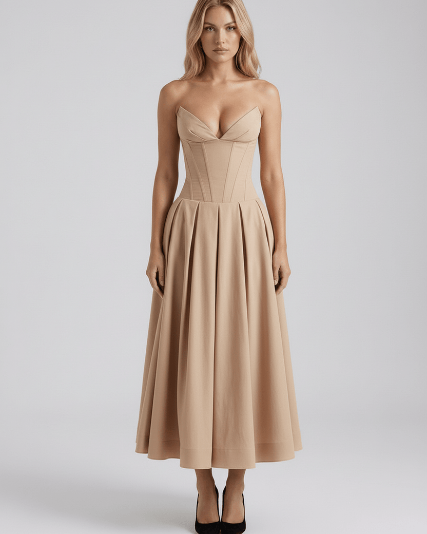 Aveline Midi Dress in nude, V-neck midi dress with fitted bodice and flowing skirt by Lauven, perfect for elegant occasions.