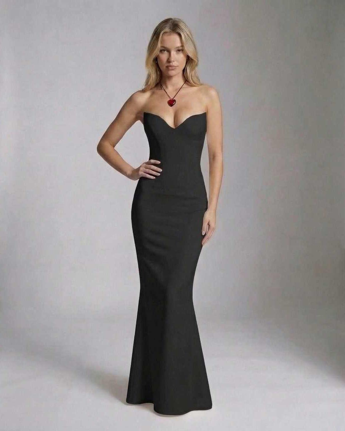 Celeste Maxi Dress by Lauven - Elegant black strapless maxi dress with fitted silhouette.