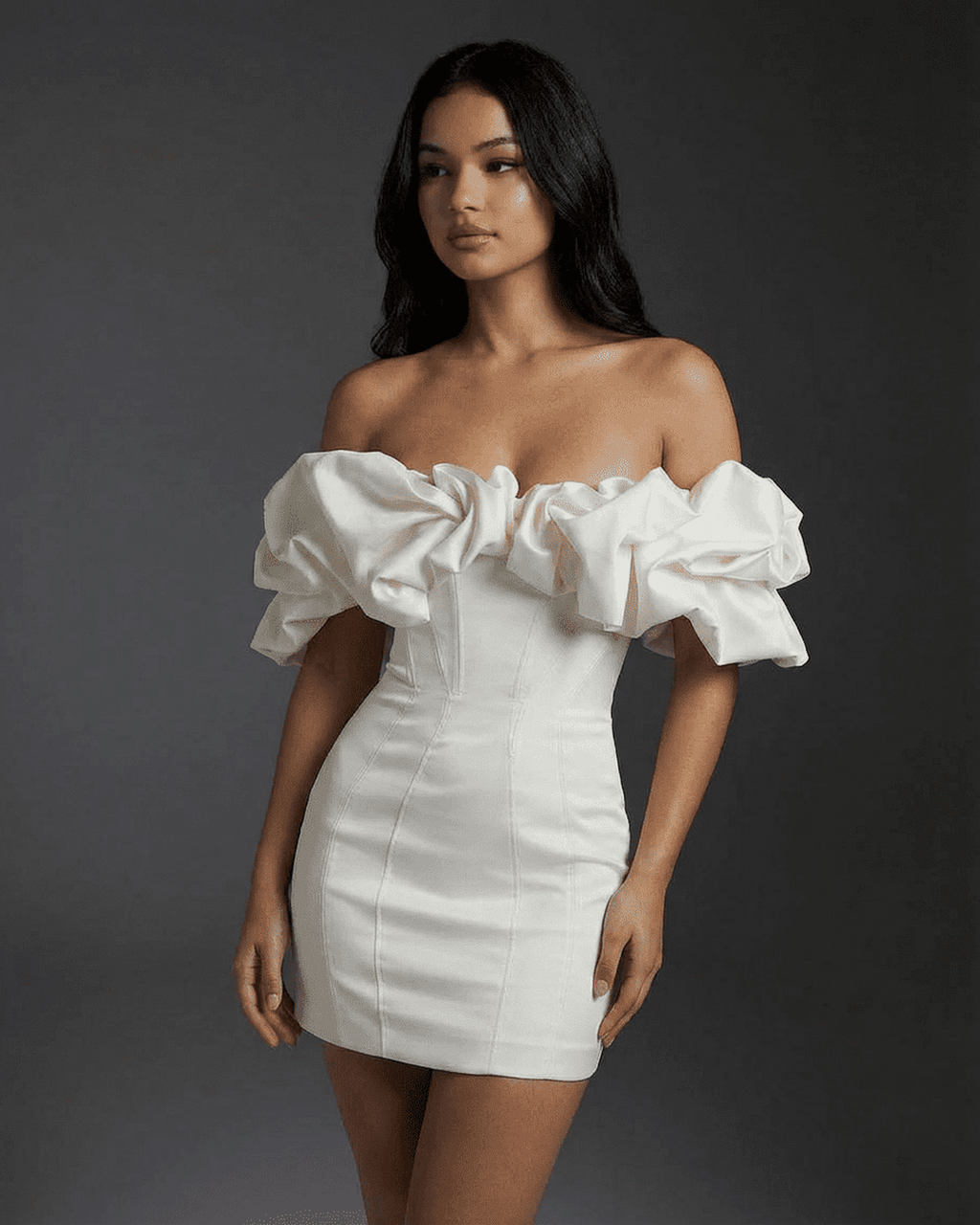 Celeste Mini Dress by Lauven featuring boned structure and dramatic ruffle trim in white.