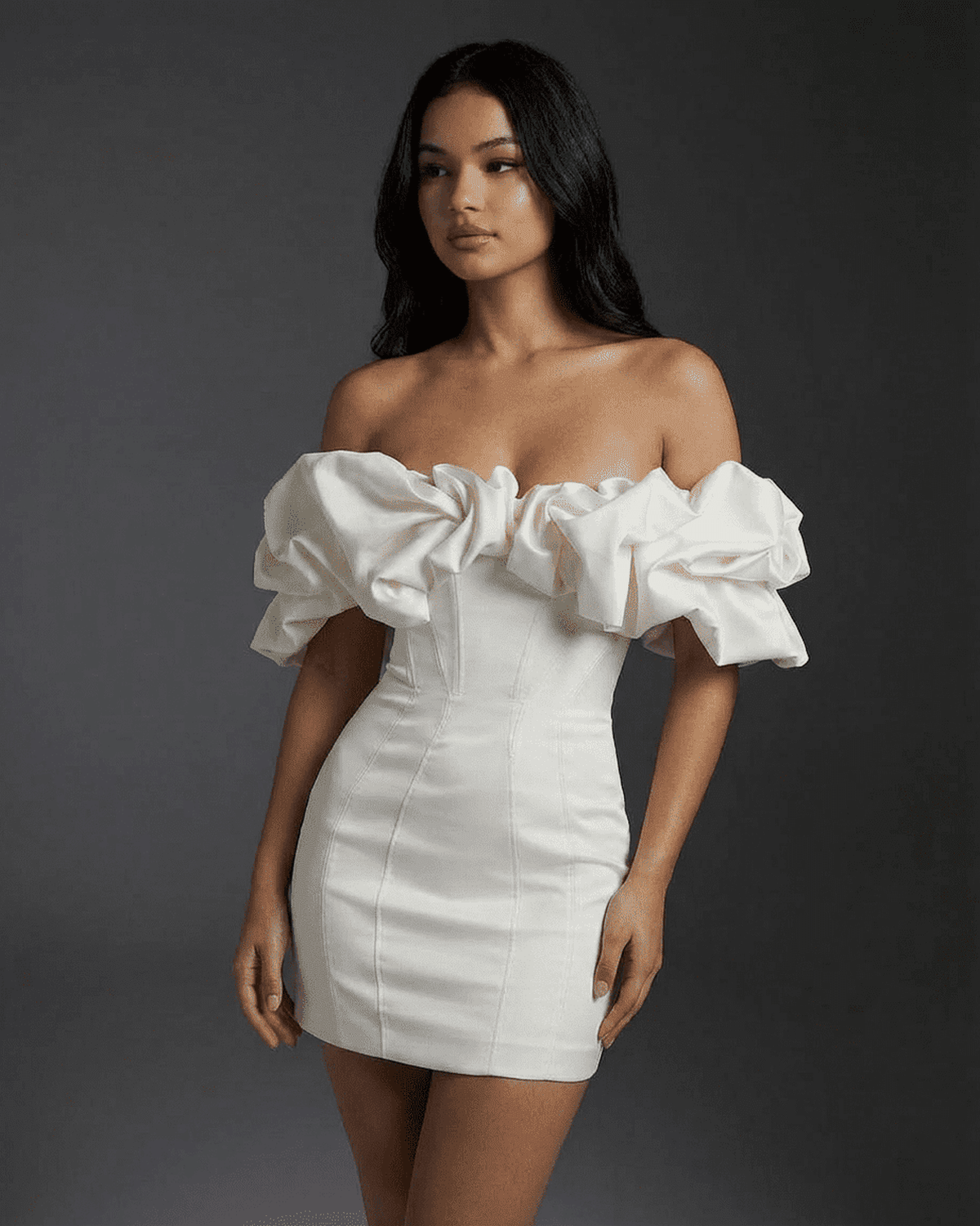Celeste Mini Dress by Lauven featuring boned structure and dramatic ruffle trim in white.