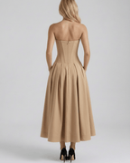 Aveline Midi Dress back view, structured polyester, flattering fit, V-neck midi dress by Lauven, perfect for elegant occasions.