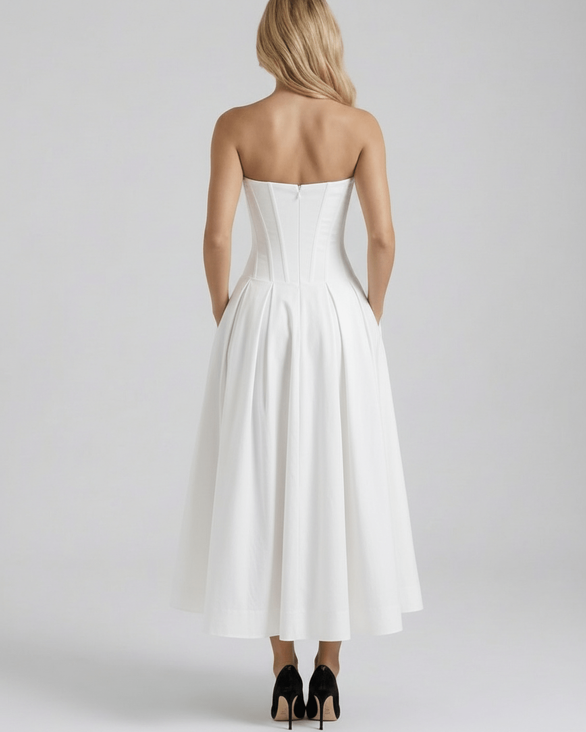 Aveline Midi Dress in white with V-neck, structured fit, elegant silhouette by Lauven. Perfect for any occasion.