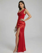 Vespera Maxi Dress by Lauven - One-Shoulder Satin Evening Gown with Embellished Draped Neckline and Thigh-High Split.