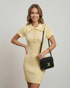 Lemon Knit Dress by Lauven - Elegant ribbed mini dress with a charming collar and fitted silhouette.