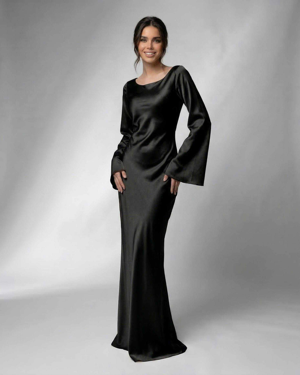 Liora Maxi Dress by Lauven, elegant black satin gown with flowing silhouette and stylish bell sleeves.