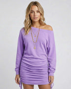Lilac Mini Dress by Lauven featuring side gathered drawstrings and relaxed drop shoulder design.