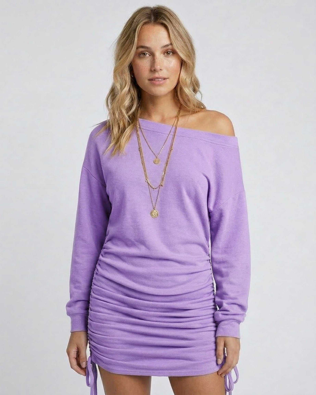 Lilac Mini Dress by Lauven featuring side gathered drawstrings and relaxed drop shoulder design.