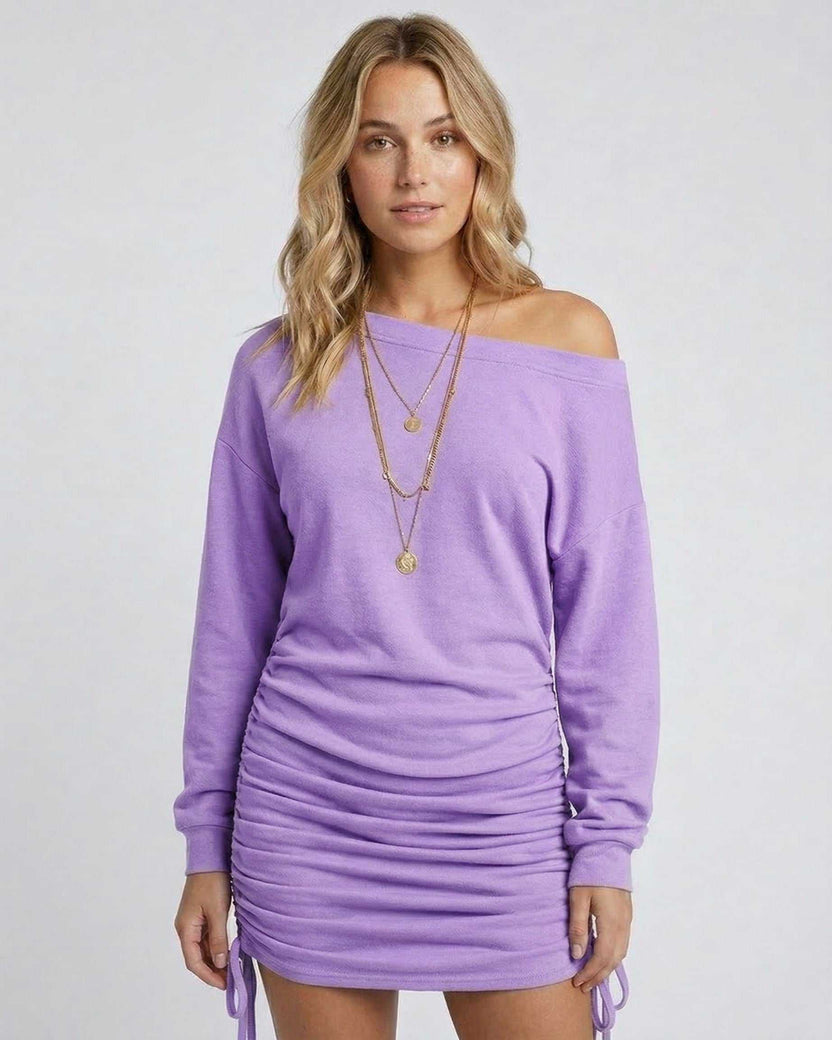 Lilac Mini Dress by Lauven featuring side gathered drawstrings and relaxed drop shoulder design.