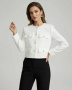 Liora Jacket by Lauven - Elegant white wool blend jacket with gold button accents and cropped silhouette.