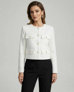 Liora Jacket by Lauven, elegant white wool blend with gold button accents, tailored fit.