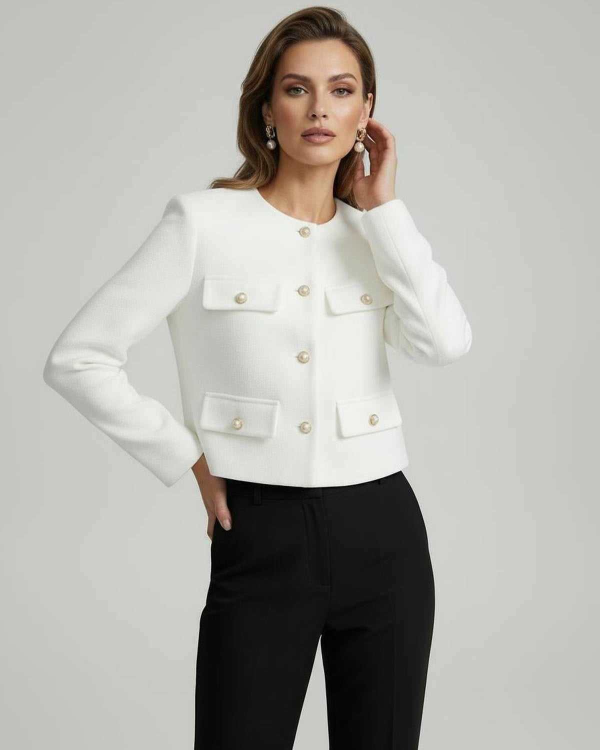 Liora Jacket by Lauven - Elegant white wool blend jacket with gold button accents.