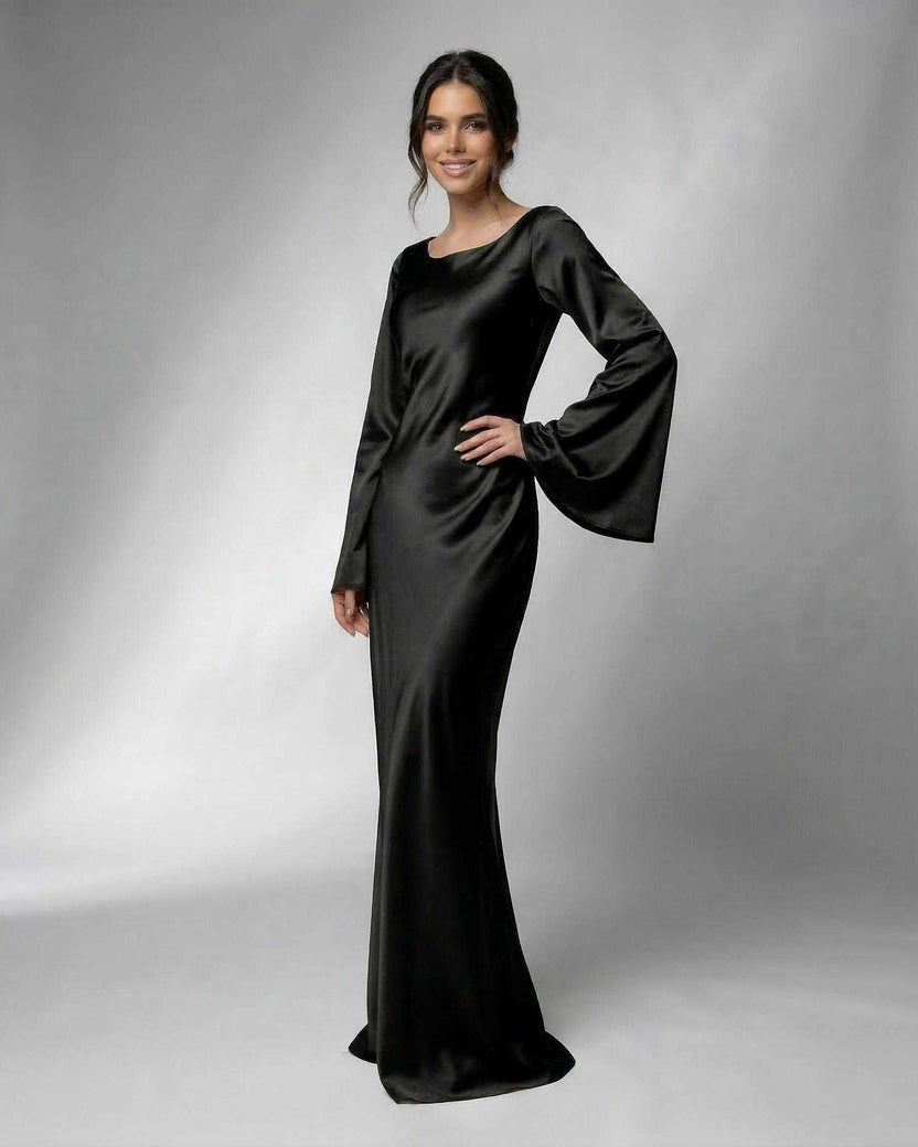 Liora Maxi Dress by Lauven features a sleek satin fabric and elegant bell sleeves, perfect for special occasions.