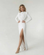 Liora Maxi Dress by Lauven, elegant fit and flare design with high side slit in pristine white shade.