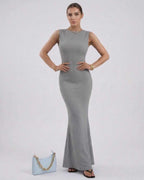 Liora Maxi Dress by Lauven in grey, sleeveless, slim fit, ankle-length pencil style for elegant occasions.