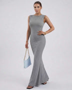 Liora Maxi Dress by Lauven, grey sleeveless slim fit ankle-length dress with pencil silhouette.