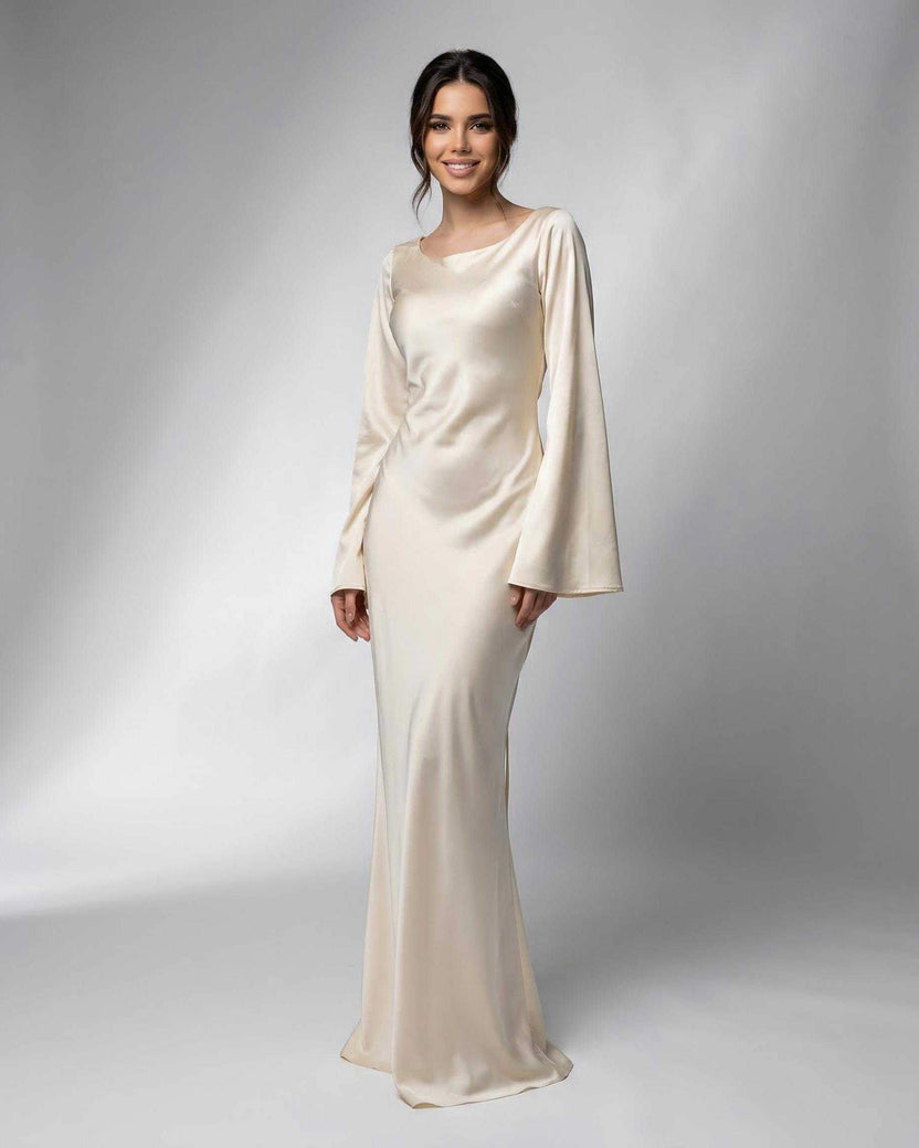 Liora Maxi Dress by Lauven, featuring a flowing silhouette and elegant bell sleeves in luxurious satin fabric.