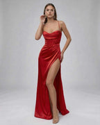 Liora Maxi Dress by Lauven, luxury red satin camisole gown with thigh-high slit and elegant draping.