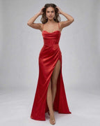 Liora Maxi Dress by Lauven, luxurious red satin camisole gown with a thigh-high slit and elegant silhouette.