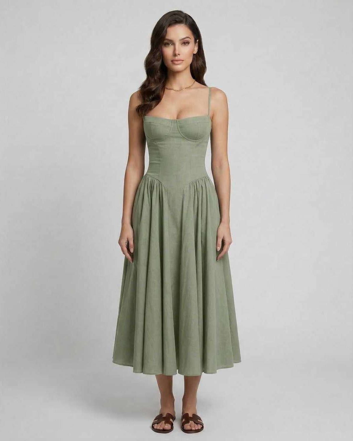 Liora Midi Dress by Lauven - Elegant fit and flare design with a chic slash neckline in a lovely green shade.