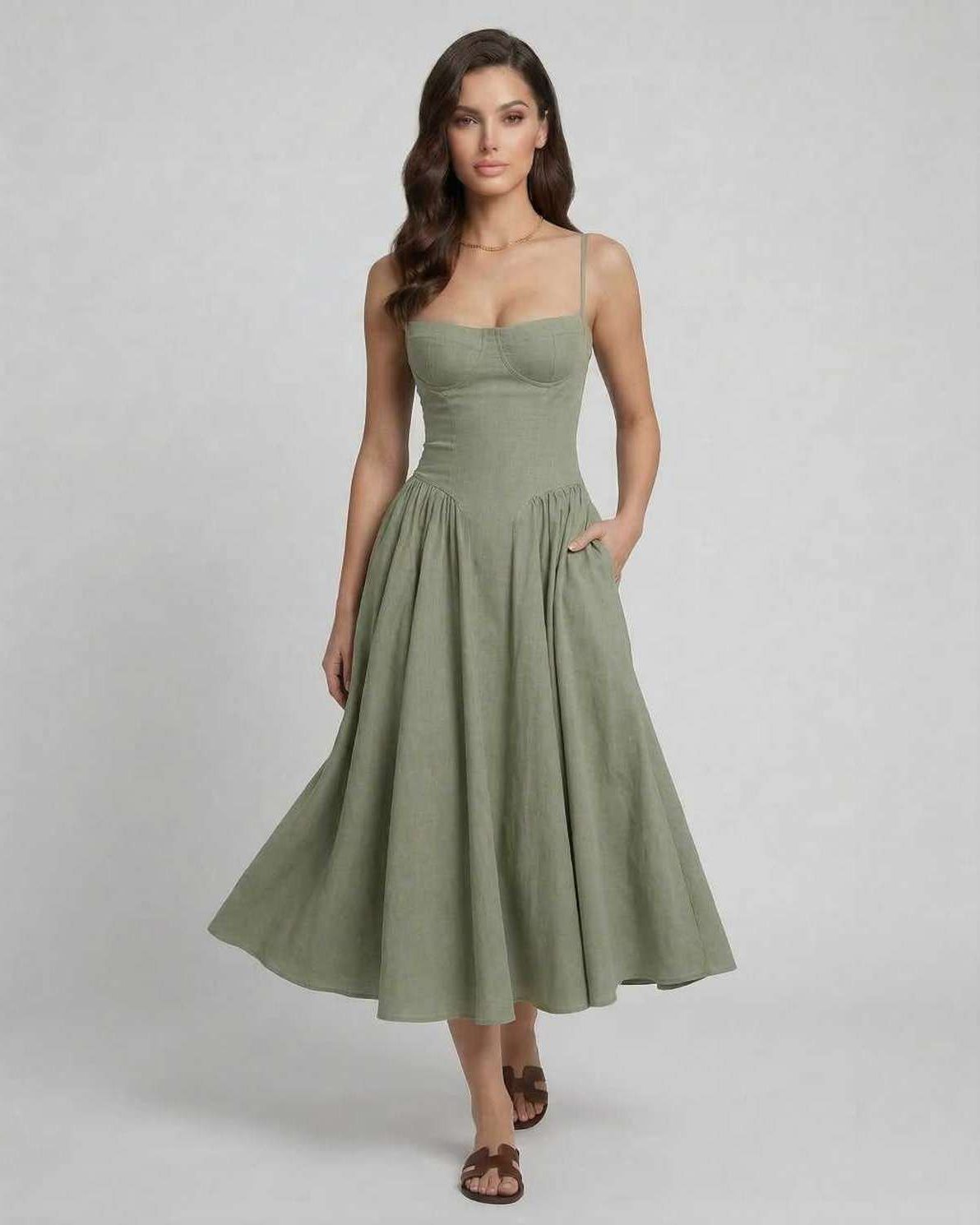 Liora Midi Dress by Lauven, showcasing an elegant fit and flare design with a chic slash neckline.