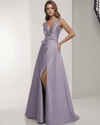 Lirienne Maxi Dress - Satin A-Line Lavender Maxi Dress with V-Neck and Bow Detail for elegant occasions.