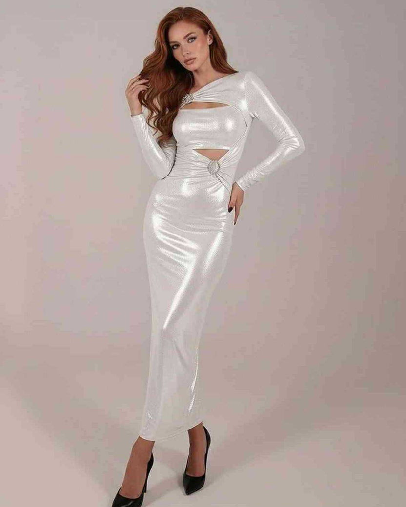 Lumiera Maxi Dress - Silver with long sleeves, cut-out detail and metallic accents by Lauven, sleek and elegant design.