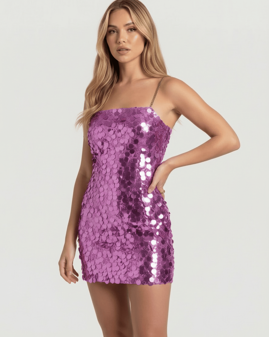Lumière Mini Dress, pink sequin mini dress with chain strap, bodycon silhouette by Lauven, perfect for standout occasions.