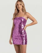 Lumière Mini Dress, pink sequin mini dress with chain strap, bodycon silhouette by Lauven, perfect for standout occasions.