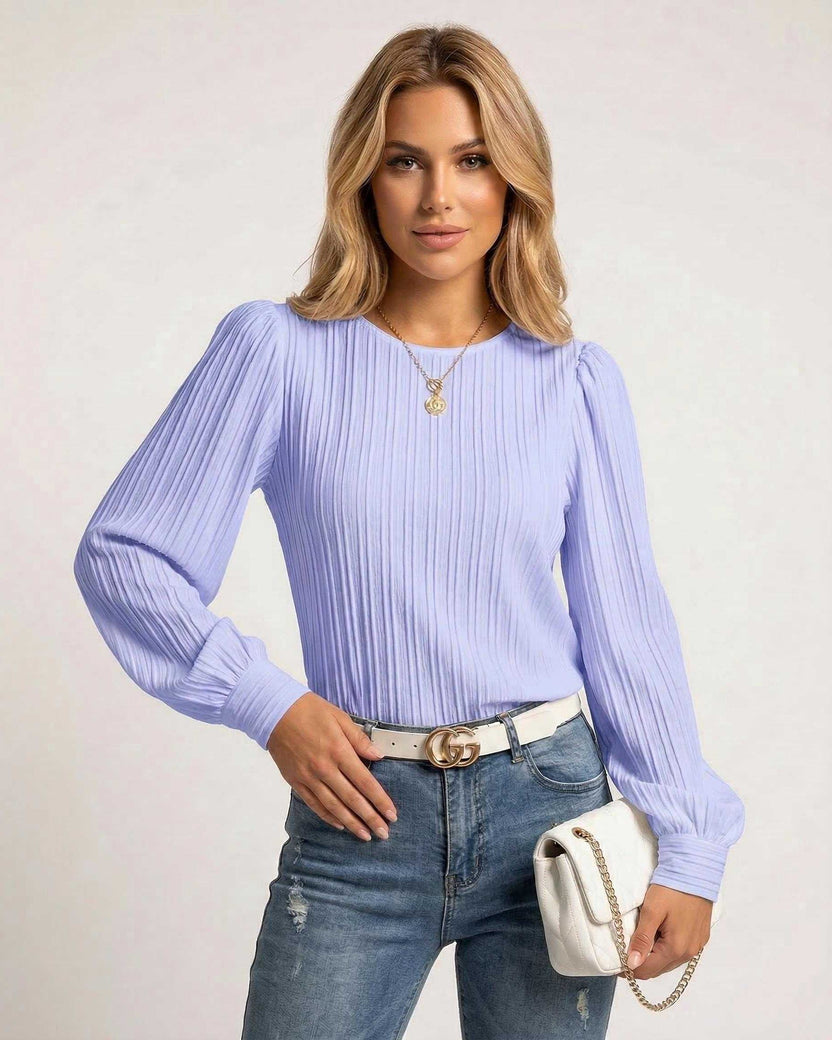 Luna Blouse by Lauven - Soft lavender pleated long sleeve top with bishop sleeves and fitted cuffs.