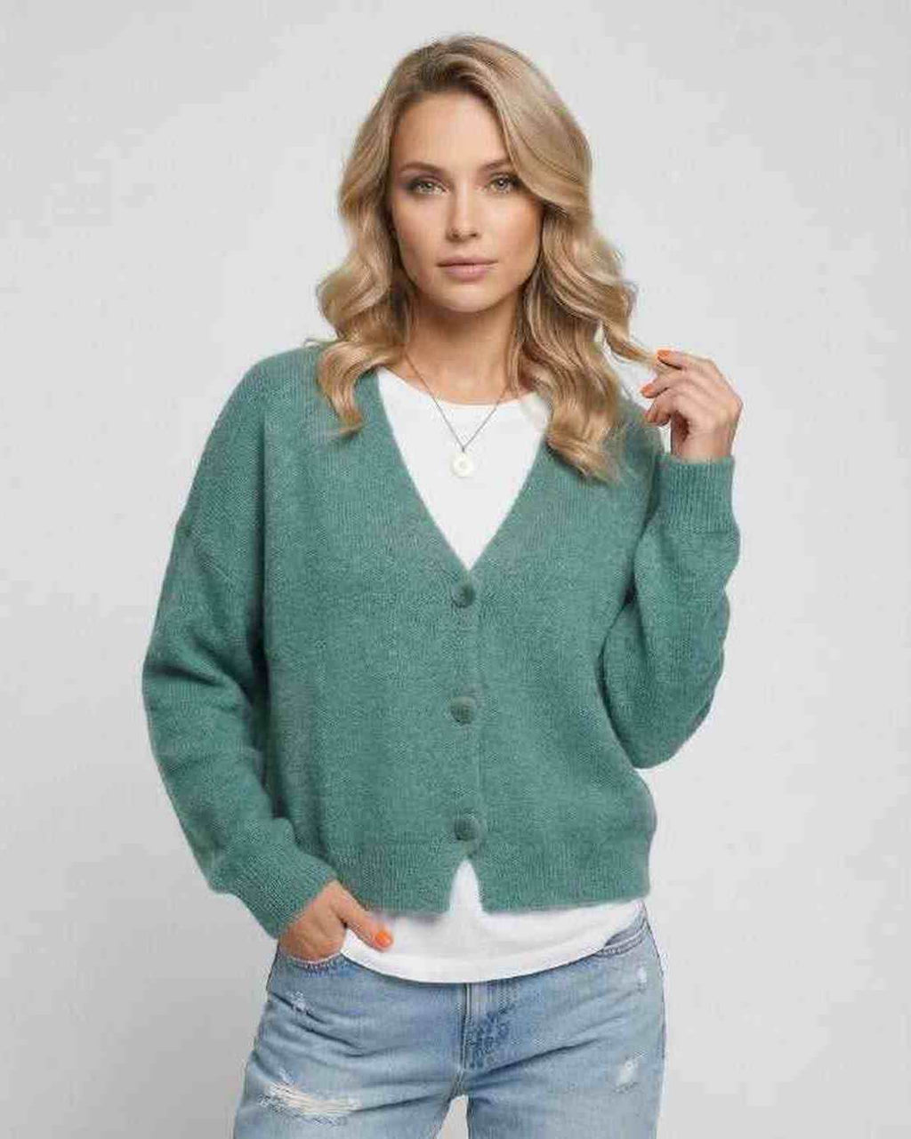 Luna Cardigan by Lauven - Soft teal knitwear for casual elegance with a relaxed fit and button details.