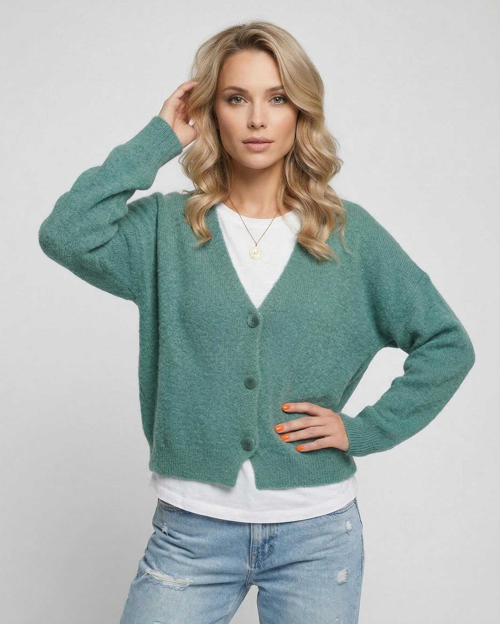 Lauven Luna Cardigan - Soft teal knitwear for everyday elegance, featuring a relaxed fit and subtle texture.