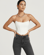 Luna Corset Top by Lauven - Elegant white velvet structured design showcasing vertical boning and a sculptural silhouette.