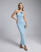 Luna Maxi Dress by Lauven, elegant asymmetrical blue evening gown with floral appliqué and slim fit silhouette.