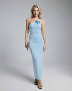 Luna Maxi Dress by Lauven, elegant asymmetrical blue evening gown with floral appliqué.