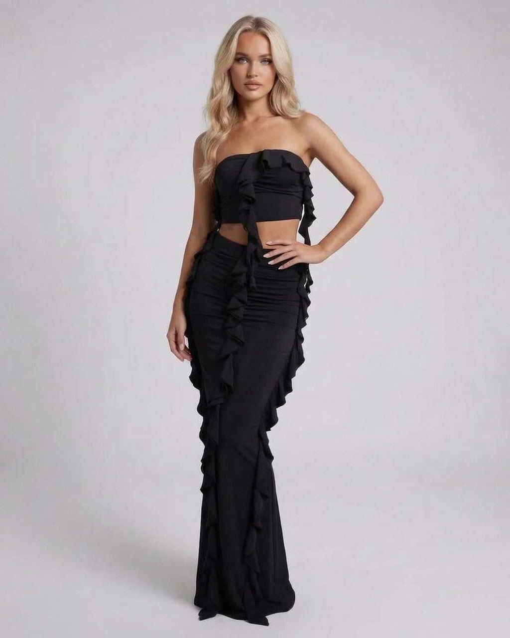 Luna Maxi Dress by Lauven, elegant black sheath with ruffle detail, sleeveless silhouette for sophisticated allure.