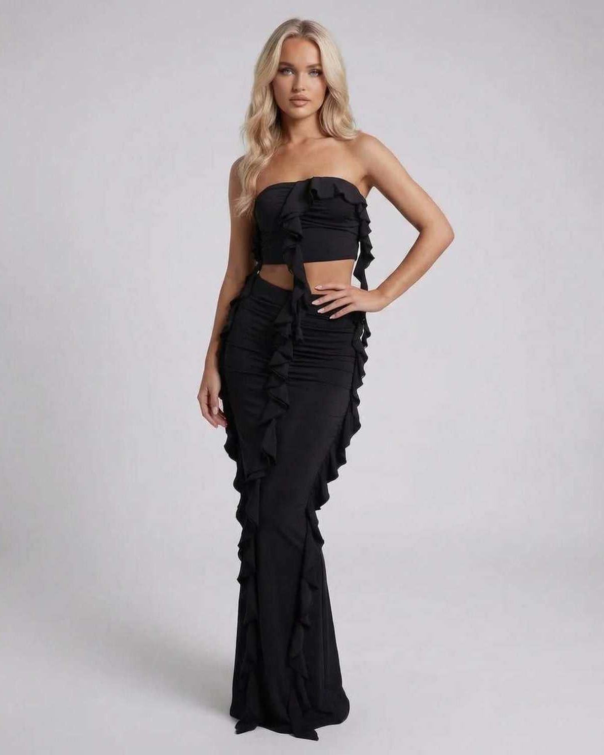 Luna Maxi Dress by Lauven, elegant black sheath with ruffle detail, sleeveless silhouette for sophisticated allure.