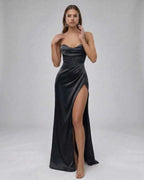 Luna Maxi Dress by Lauven, sleek black satin gown with high slit and structured bodice for contemporary glamour