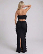 Luna Maxi Dress by Lauven, elegant black dress with ruffle details and ankle-length silhouette.
