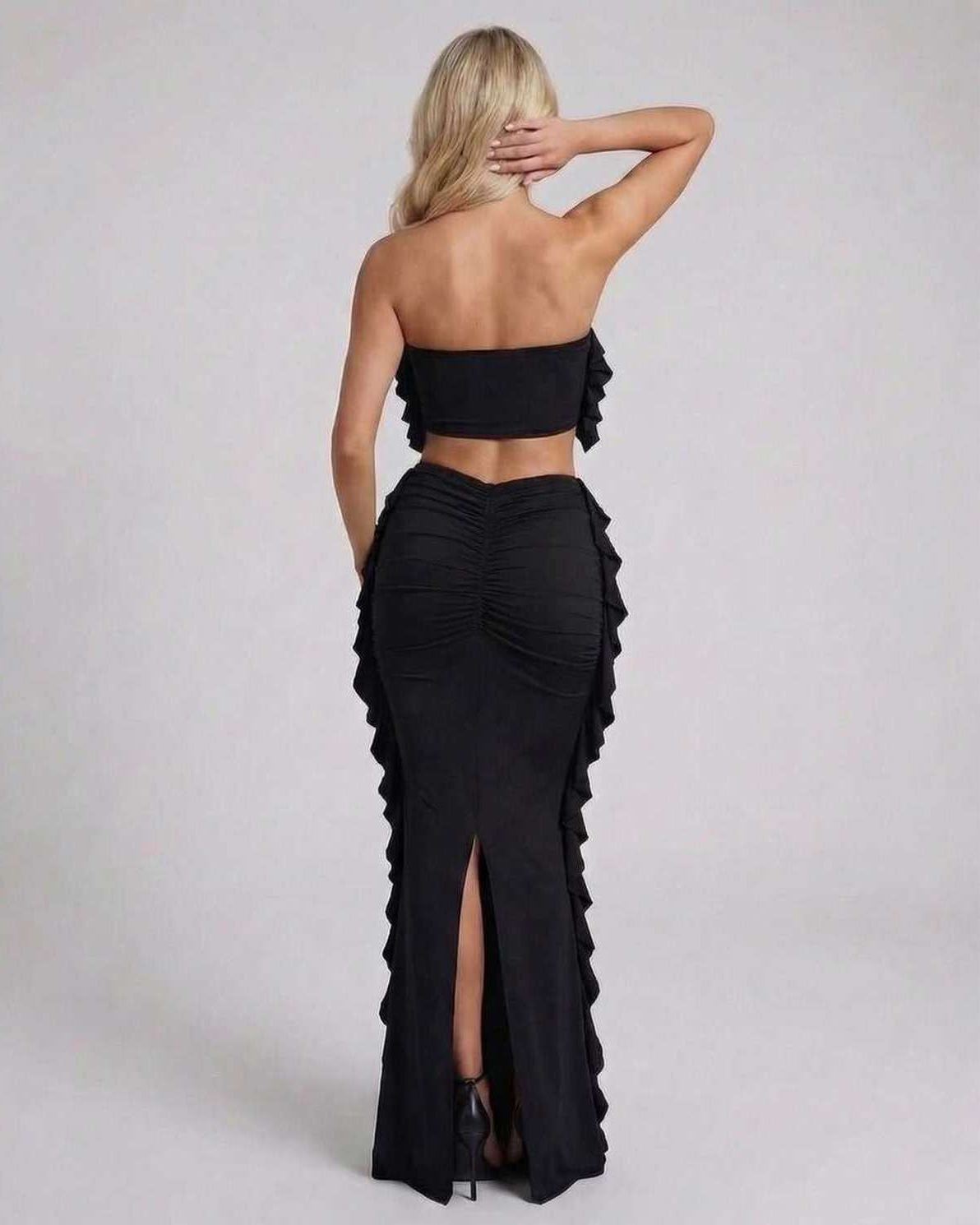 Luna Maxi Dress by Lauven, elegant black dress with ruffle details and ankle-length silhouette.
