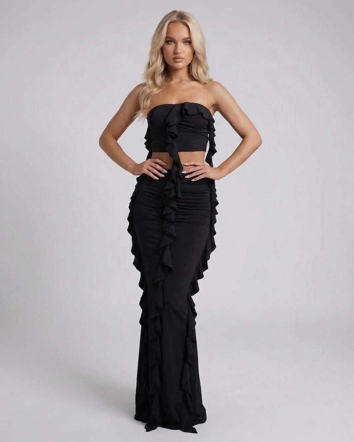 Luna Maxi Dress by Lauven in elegant black with ruffle details, showcasing a flattering sheath silhouette.