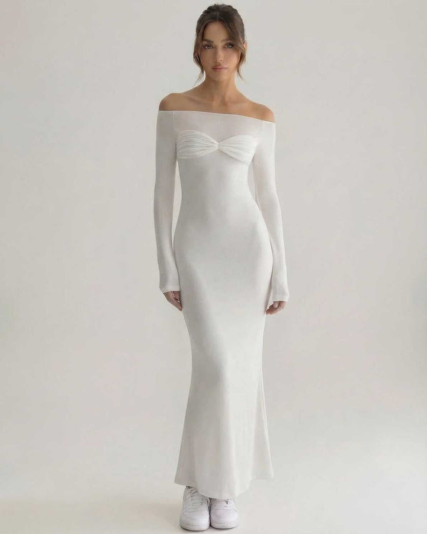 Luna Maxi Dress - Elegant white sheath silhouette with off-shoulder design by Lauven, offering a smooth stretch fabric feel.
