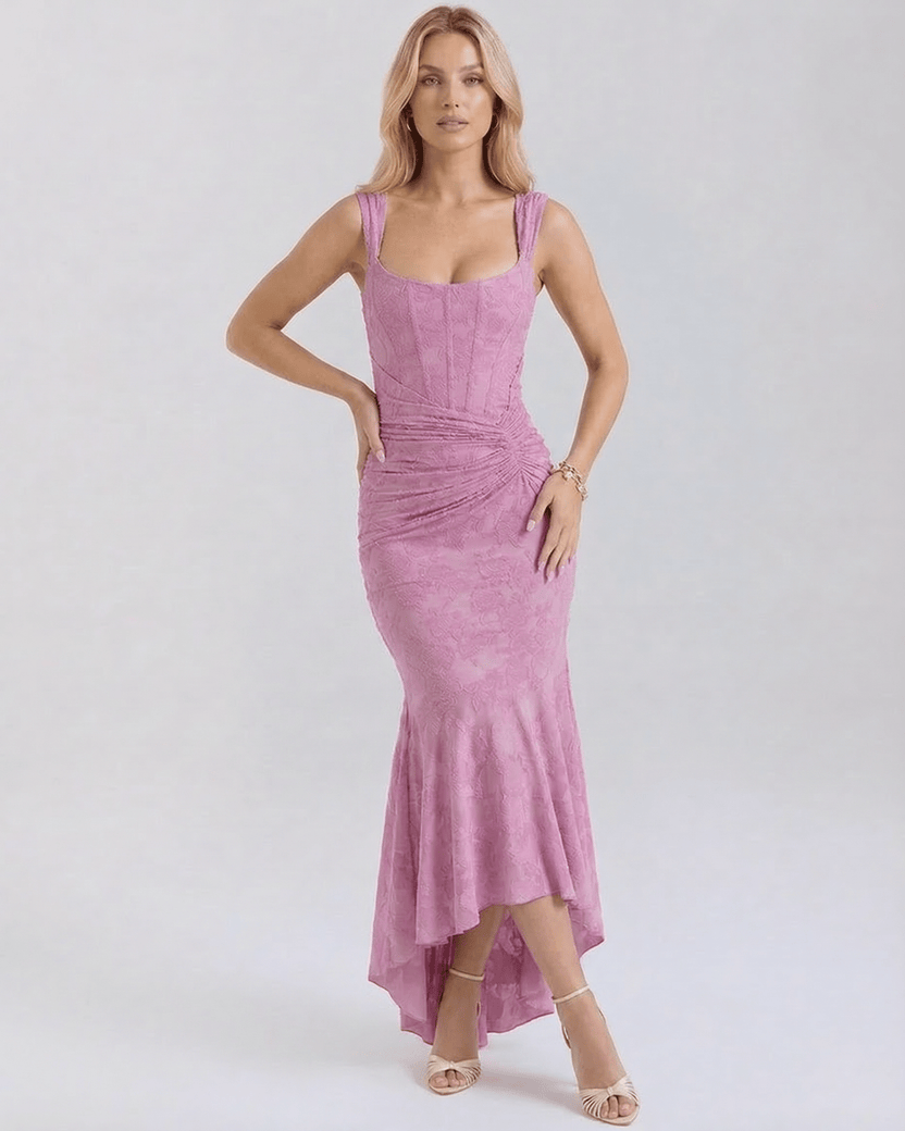 Luna Maxi Dress by Lauven - Elegant pink jacquard dress with square neckline and fish tail hemline.