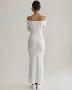 Luna Maxi Dress - Elegant white sheath silhouette with off-shoulder neckline, full sleeves, by Lauven.
