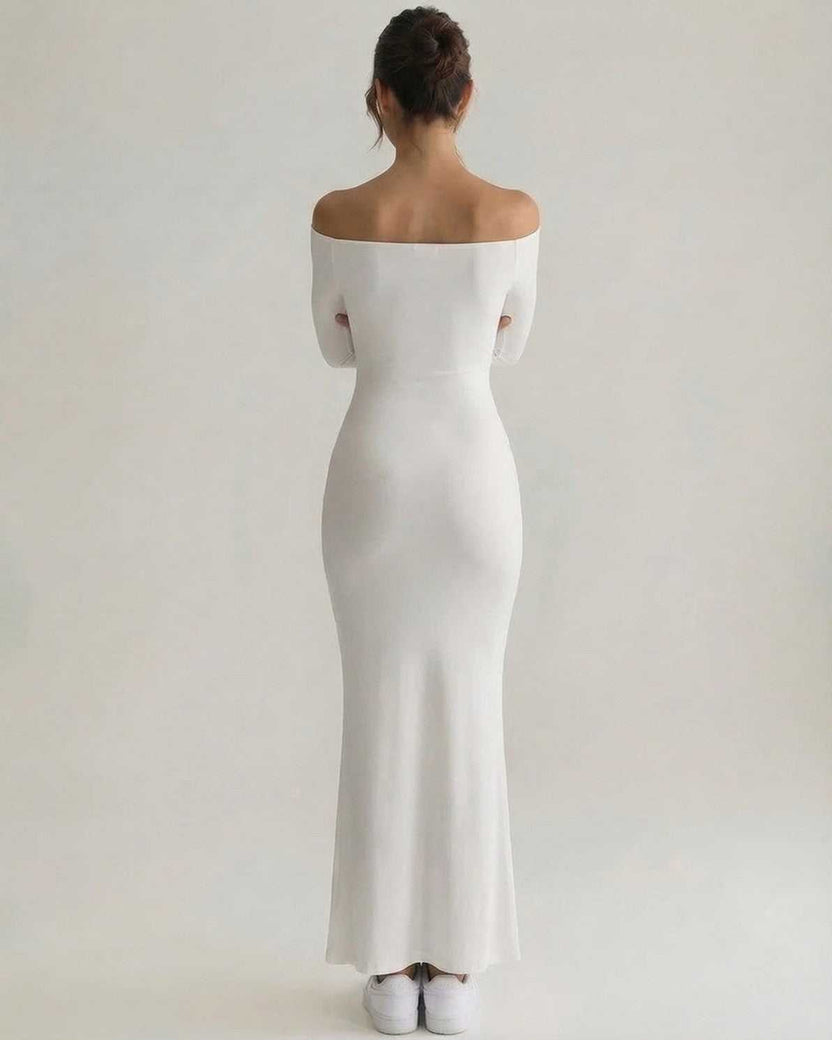 Luna Maxi Dress - Elegant white sheath silhouette with off-shoulder neckline, full sleeves, by Lauven.