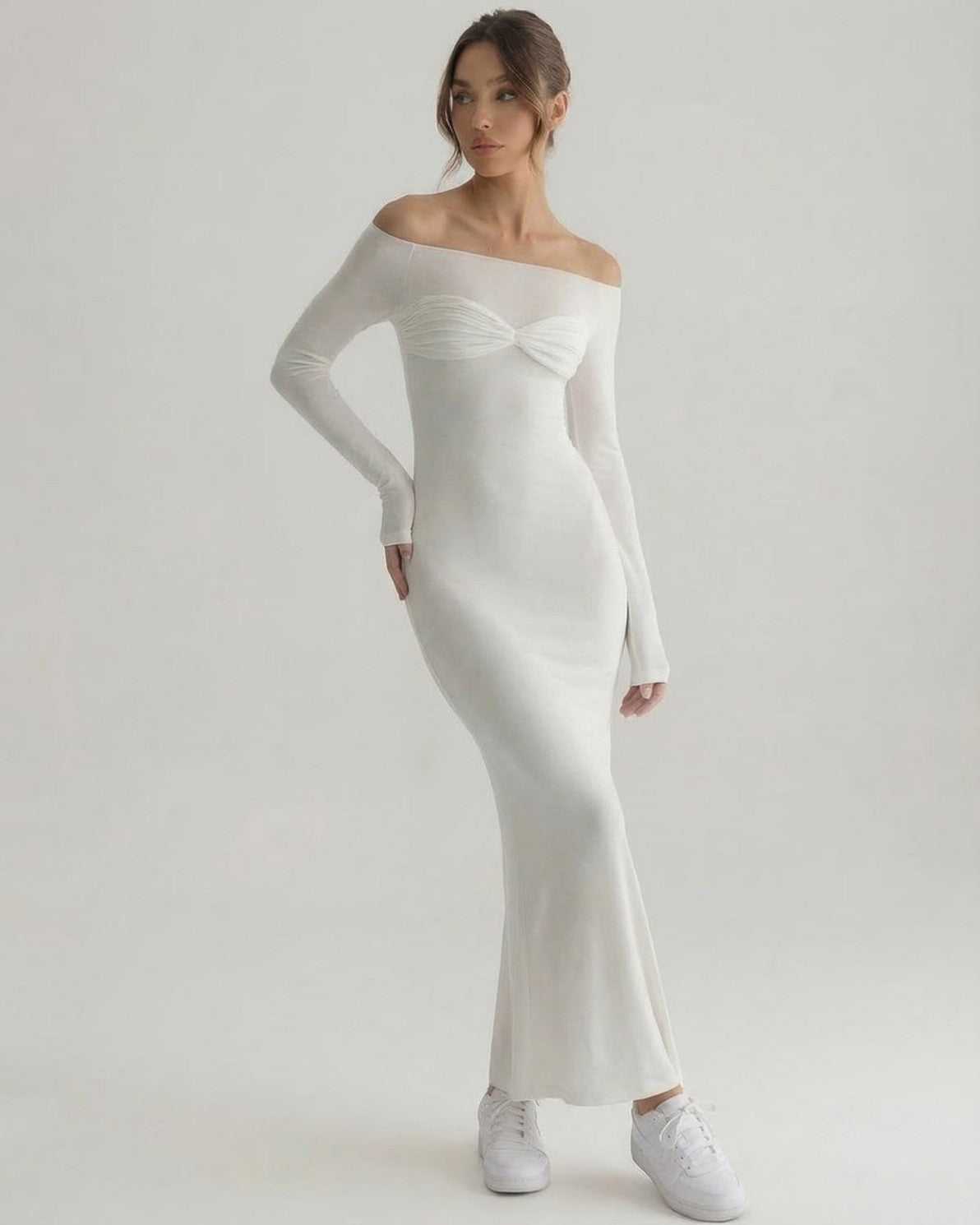 Luna Maxi Dress in elegant white, off-shoulder design with a slim sheath silhouette by Lauven.