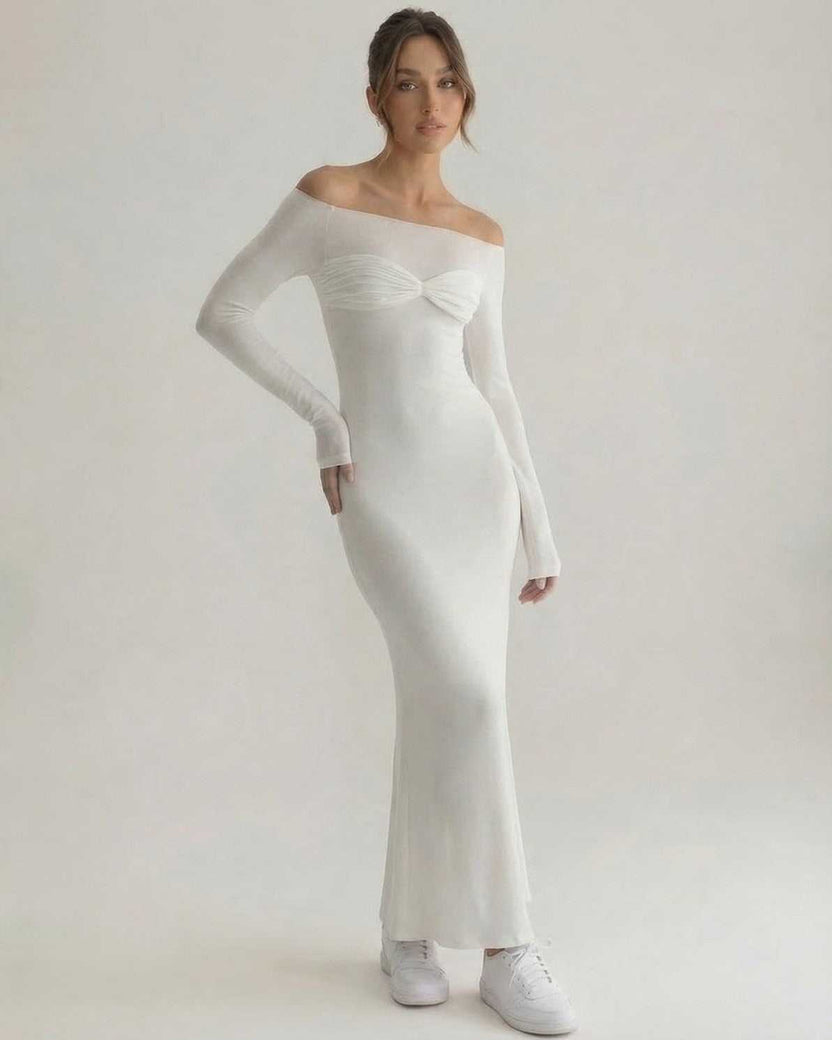 Luna Maxi Dress featuring elegant white sheath silhouette with off-shoulder neckline by Lauven.