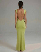 Luna Maxi Dress showcasing a sleek lime green satin silhouette with a flattering open back design by Lauven.